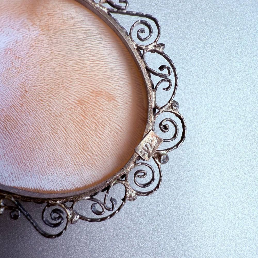 Antique Shell Cameo Sterling Silver 925 Lace Scroll Brooch Pendant Victorian Era - Picture 3 of 8